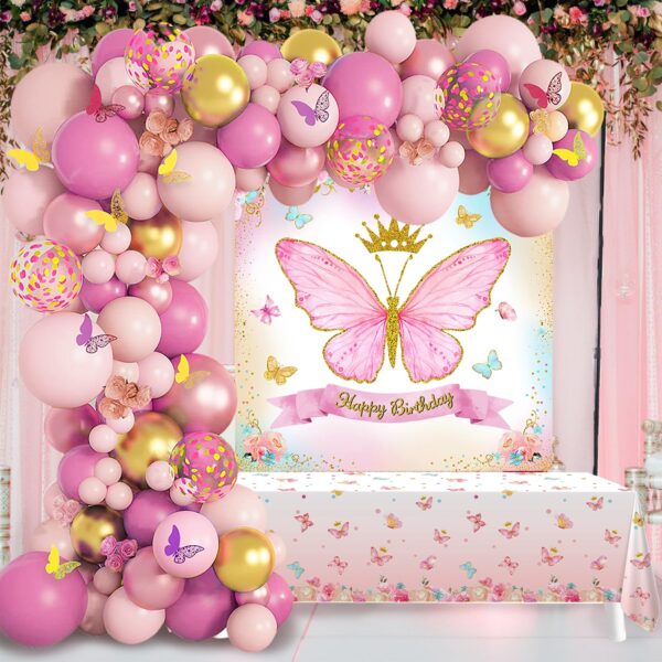 Pink and Golden Butterfly Theme Balloon Decor With Backdrop